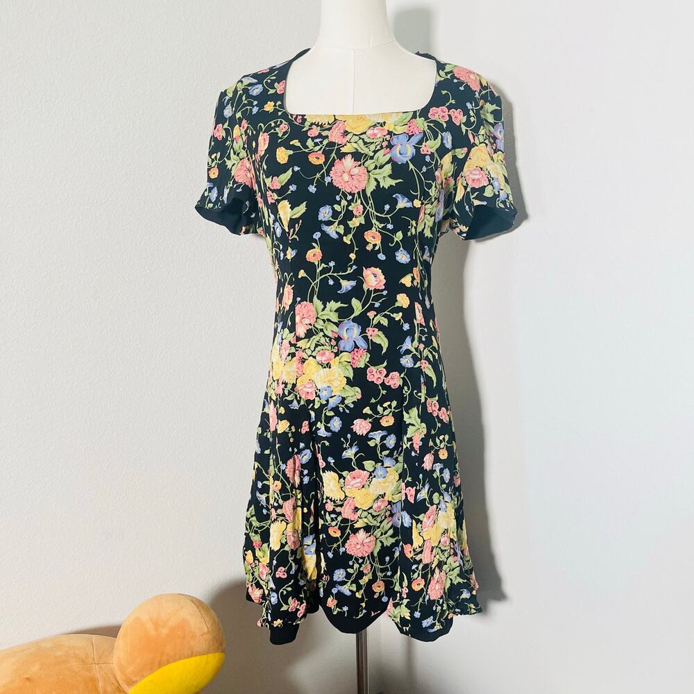 Liz Claiborne Floral Chiffon Dress Medium 80s 90s Black Pink Boho Romantic